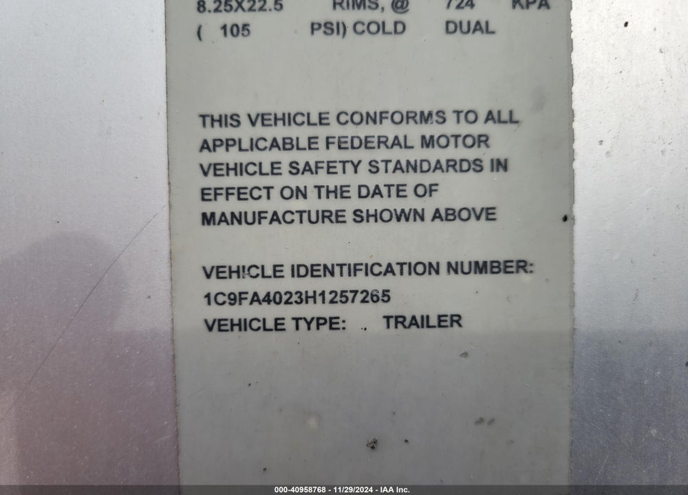 2017 CEI PACER TRAILER VIN: 1C9FA4023H1257265