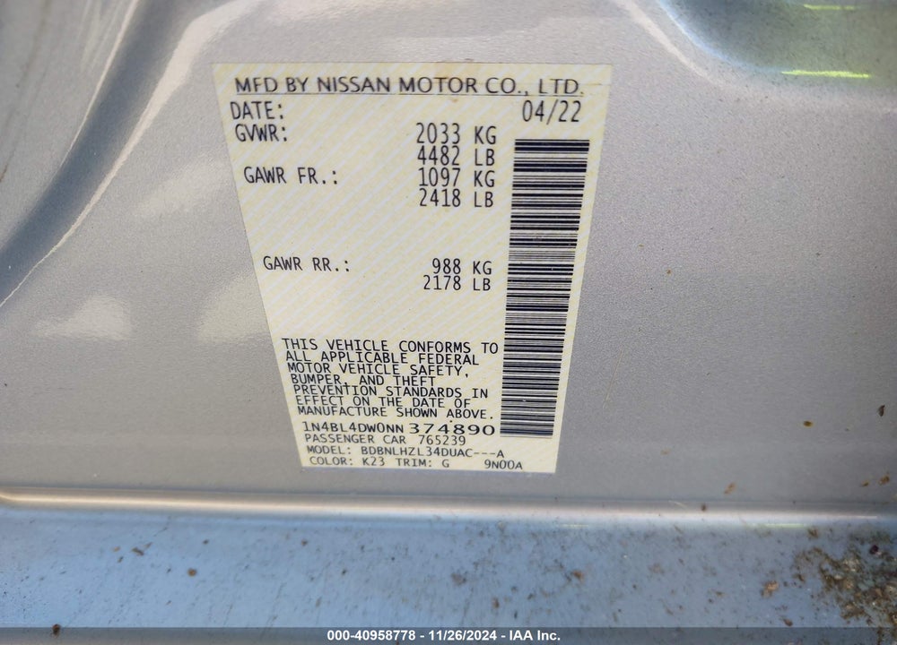 2022 NISSAN ALTIMA SV INTELLIGENT AWD VIN: 1N4BL4DW0NN374890