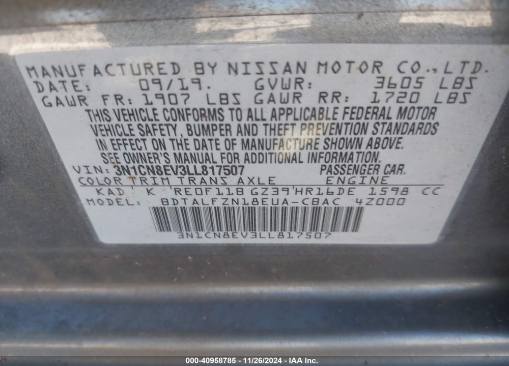 2020 NISSAN VERSA SV XTRONIC CVT VIN: 3N1CN8EV3LL817507