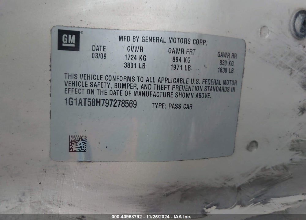 2009 CHEVROLET COBALT LT W/1LT VIN: 1G1AT58H797278569