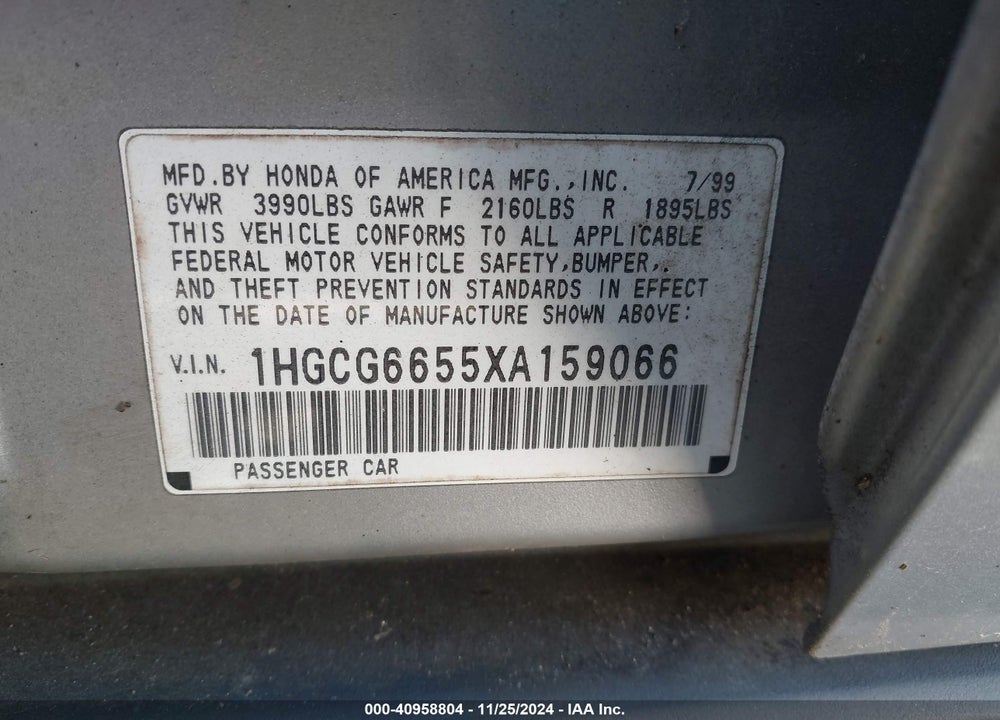 1999 HONDA ACCORD LX VIN: 1HGCG6655XA159066