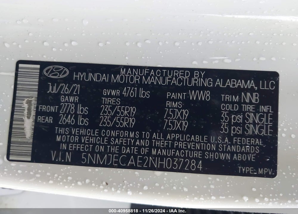 2022 HYUNDAI TUCSON LIMITED VIN: 5NMJECAE2NH037284