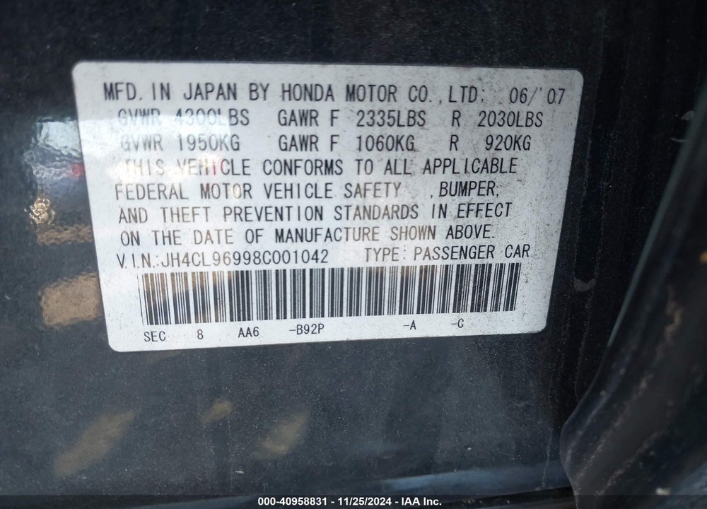 2008 ACURA TSX VIN: JH4CL96998C001042