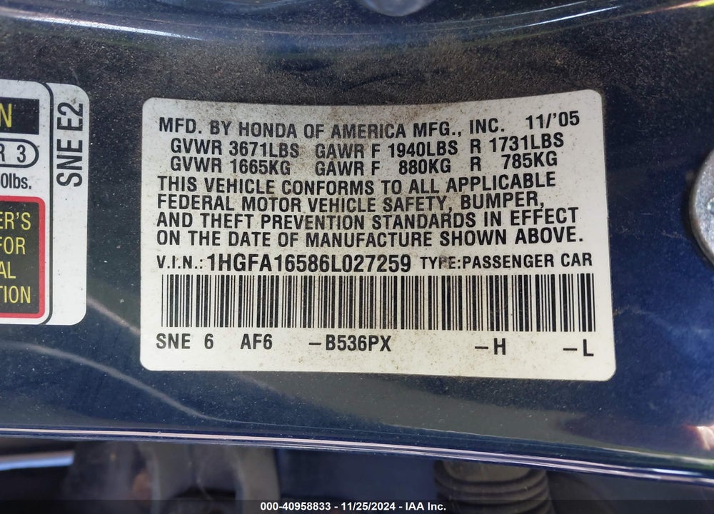 2006 HONDA CIVIC LX VIN: 1HGFA16586L027259