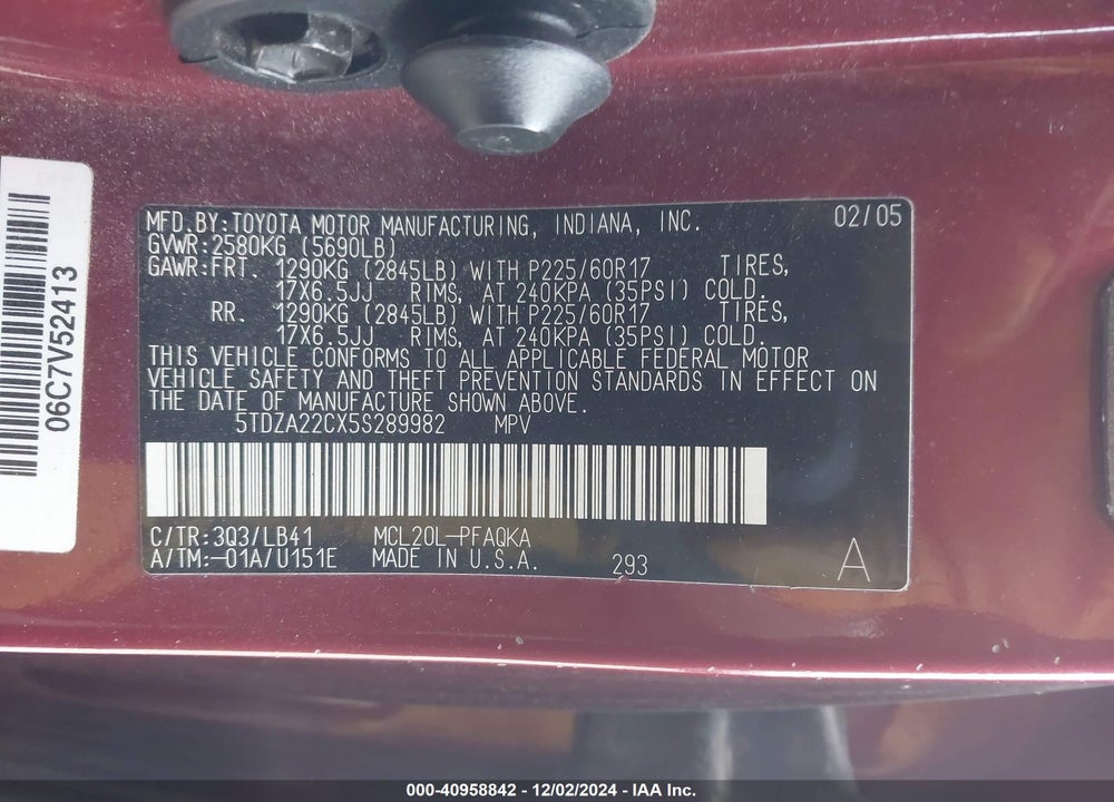 2005 TOYOTA SIENNA XLE VIN: 5TDZA22CX5S289982