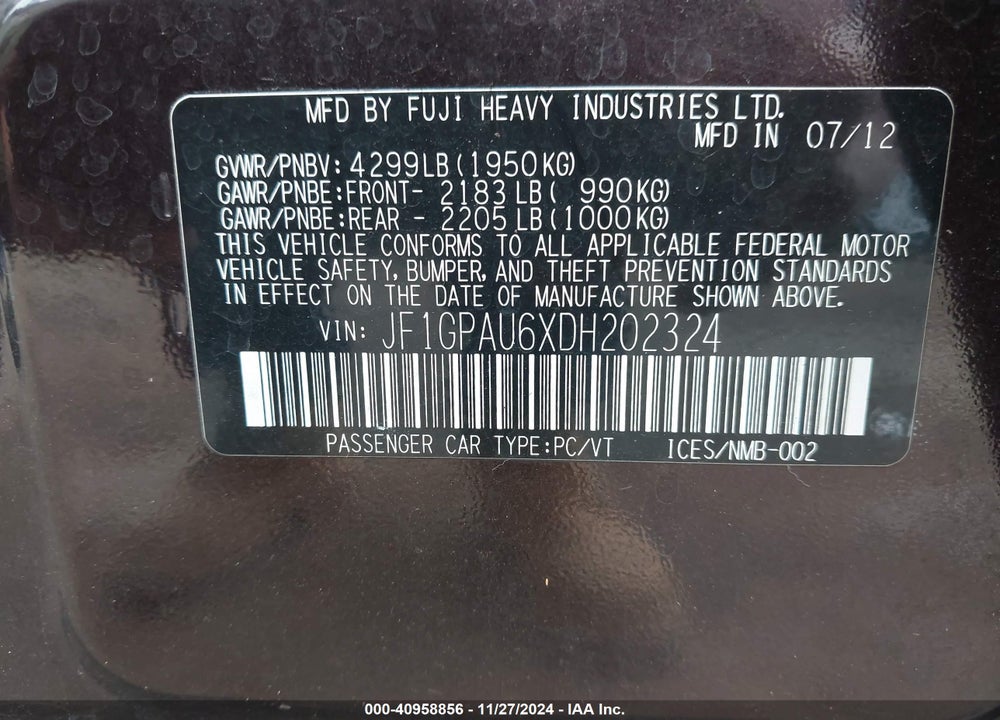 2013 SUBARU IMPREZA 2.0I SPORT LIMITED VIN: JF1GPAU6XDH202324
