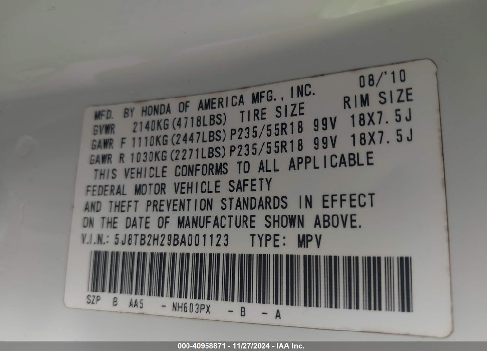 2011 ACURA RDX VIN: 5J8TB2H29BA001123