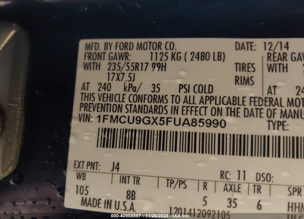 2015 FORD ESCAPE SE VIN: 1FMCU9GX5FUA85990