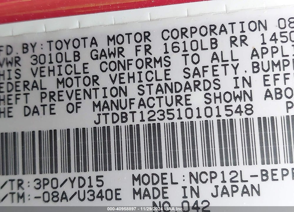 2001 TOYOTA ECHO VIN: JTDBT123510101548