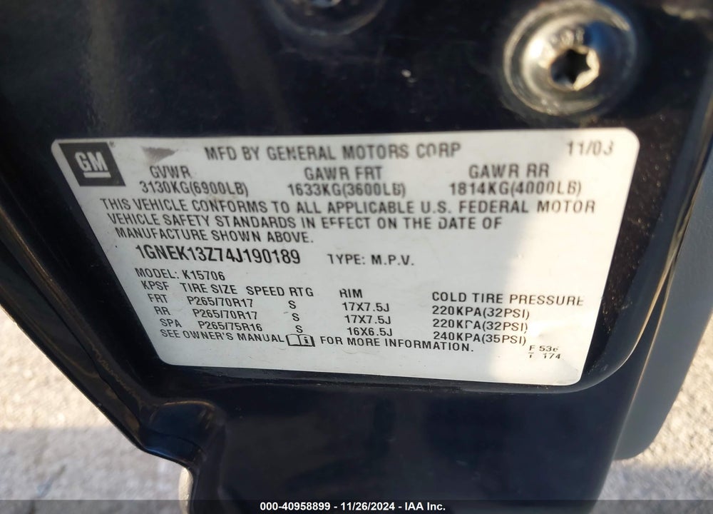 2004 CHEVROLET TAHOE LT VIN: 1GNEK13Z74J190189