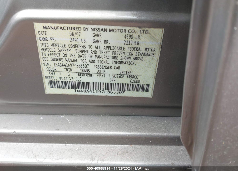 2007 NISSAN MAXIMA 3.5 SE VIN: 1N4BA41E97C865507