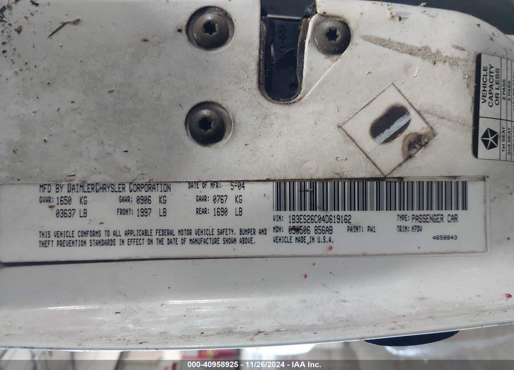 2004 DODGE NEON SE VIN: 1B3ES26C04D619162