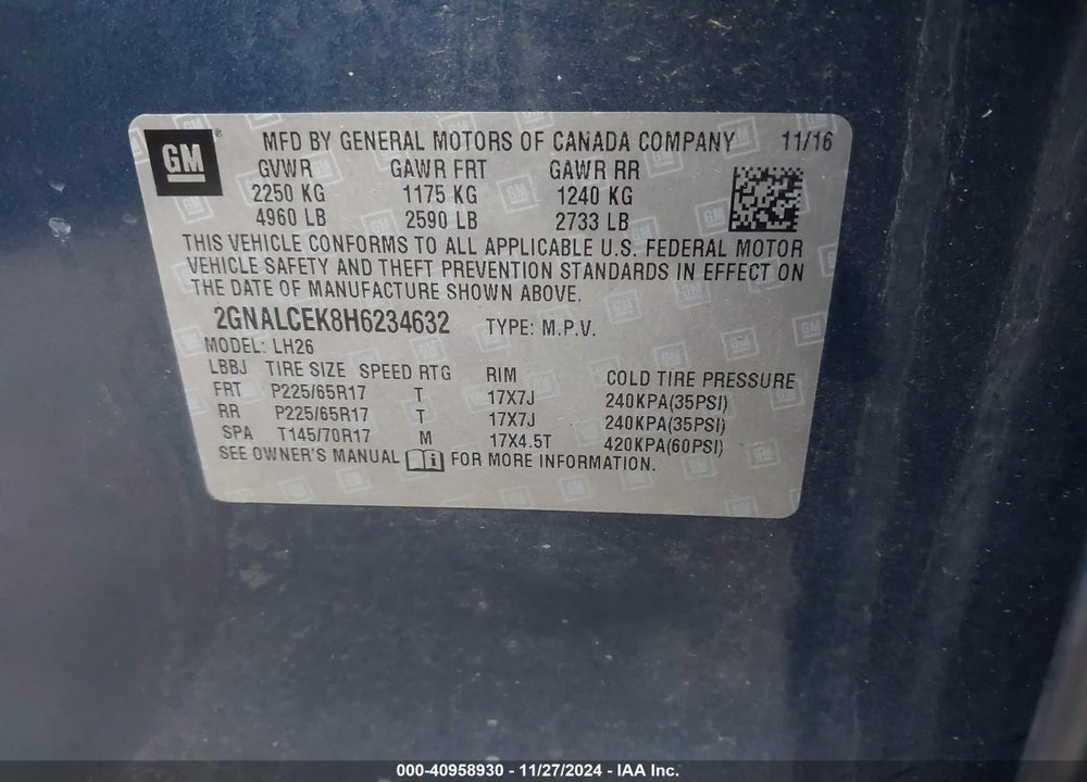 2017 CHEVROLET EQUINOX LT VIN: 2GNALCEK8H6234632