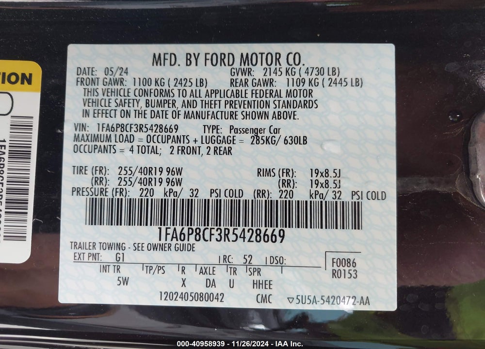 2024 FORD MUSTANG VIN: 1FA6P8CF3R5428669