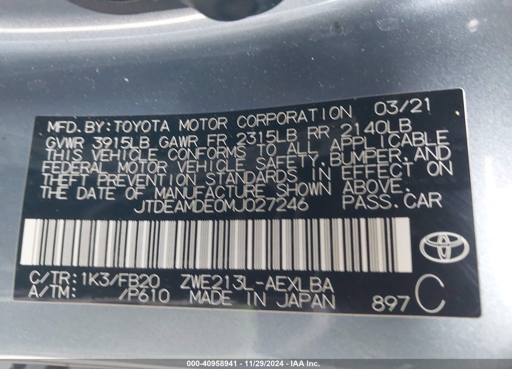 2021 TOYOTA COROLLA HYBRID LE VIN: JTDEAMDE0MJ027246