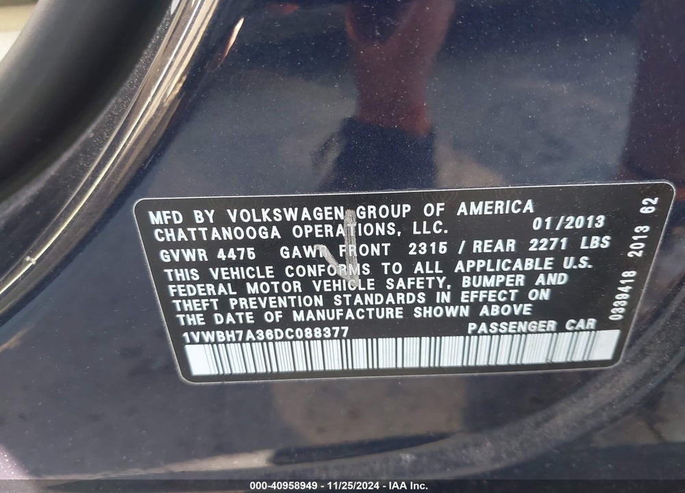 2013 VOLKSWAGEN PASSAT 2.5L SE VIN: 1VWBH7A36DC088377