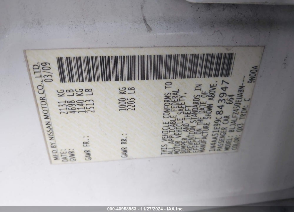 2009 NISSAN MAXIMA 3.5 SV VIN: 1N4AA51E99C843947