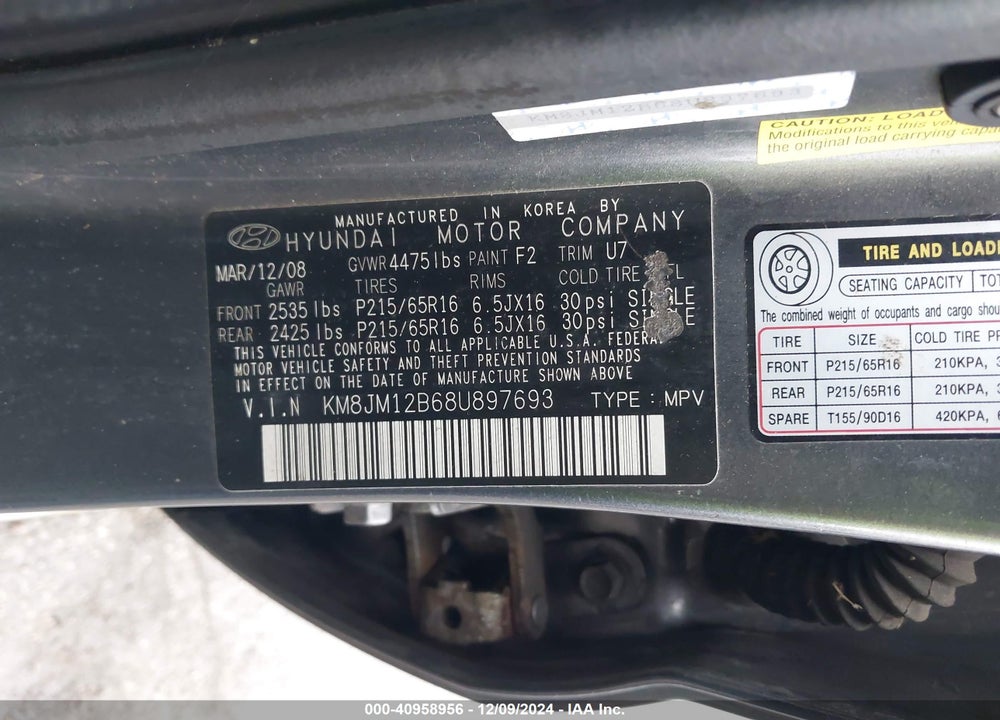 2008 HYUNDAI TUCSON GLS VIN: KM8JM12B68U897693
