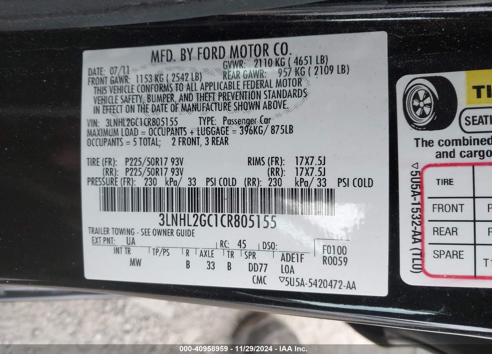 2012 LINCOLN MKZ VIN: 3LNHL2GC1CR805155