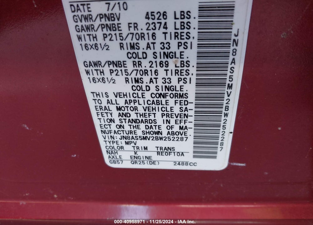 2011 NISSAN ROGUE S VIN: JN8AS5MV2BW252287