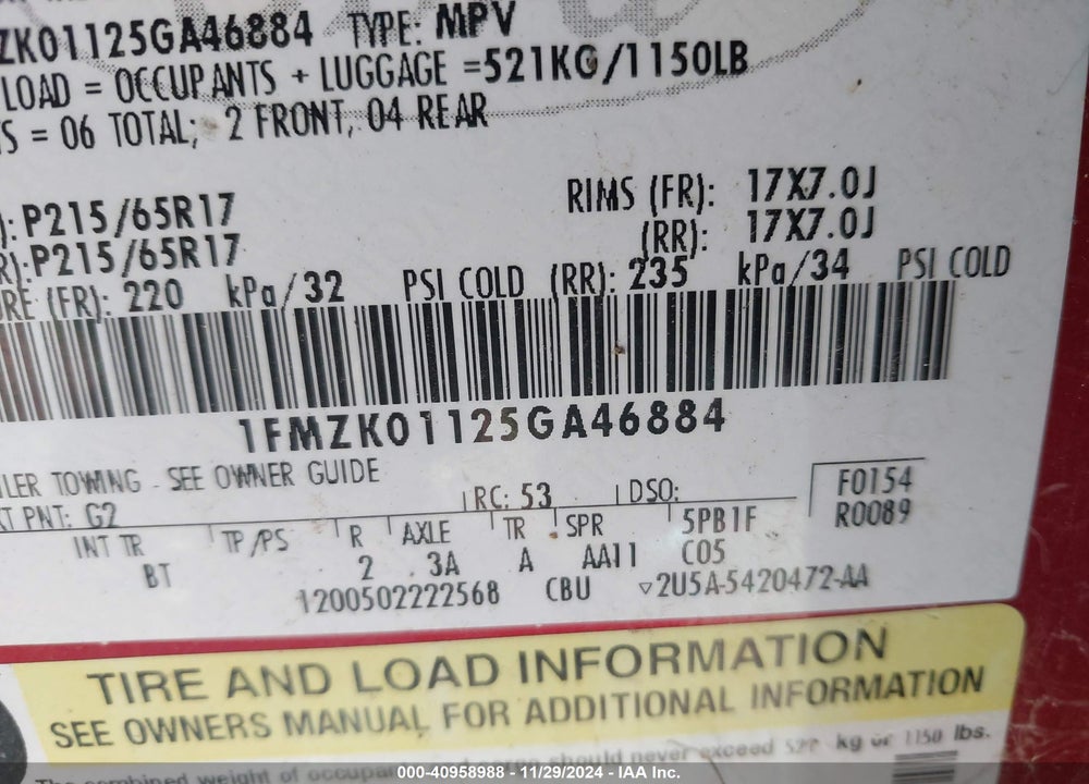 2005 FORD FREESTYLE SE VIN: 1FMZK01125GA46884