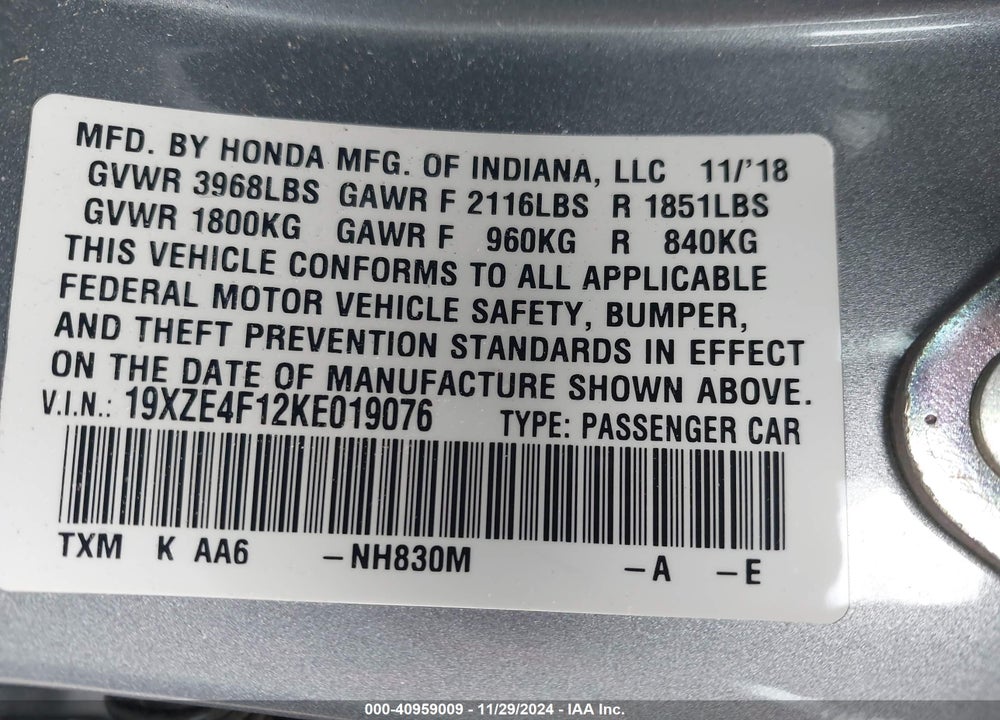 2019 HONDA INSIGHT LX VIN: 19XZE4F12KE019076
