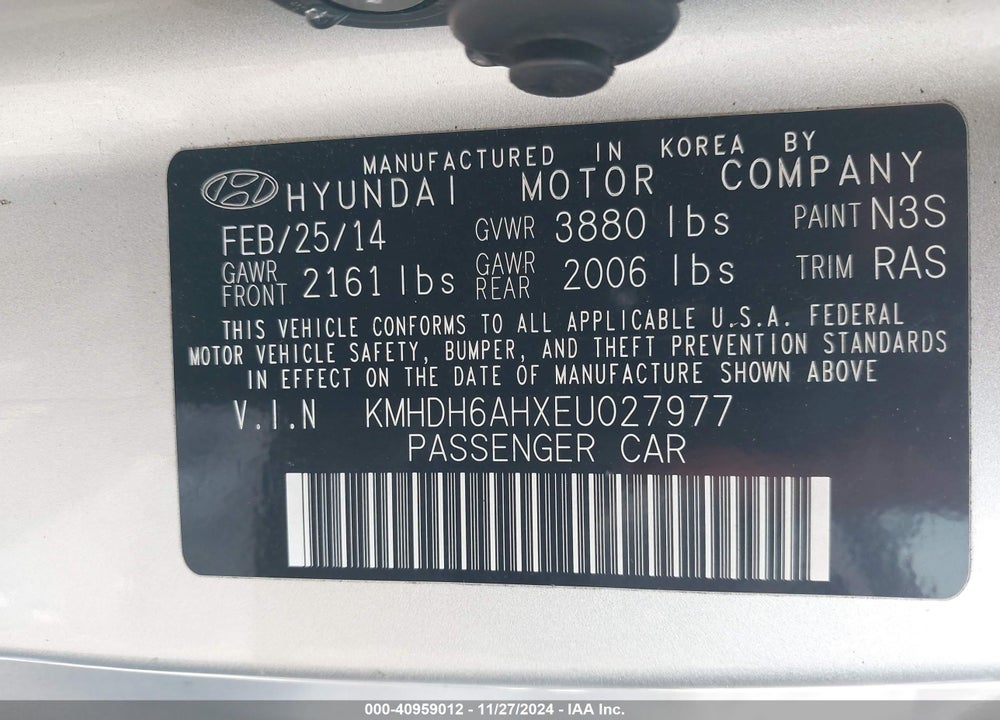 2014 HYUNDAI ELANTRA VIN: KMHDH6AHXEU027977