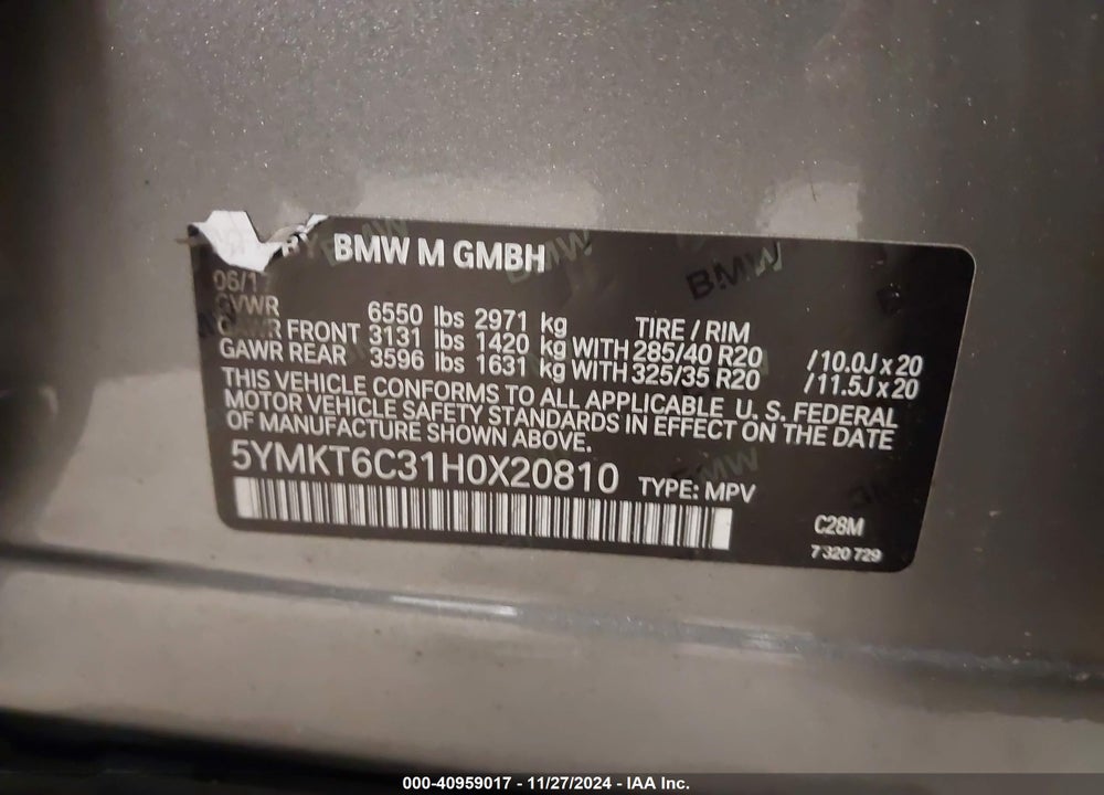 2017 BMW X5 M VIN: 5YMKT6C31H0X20810