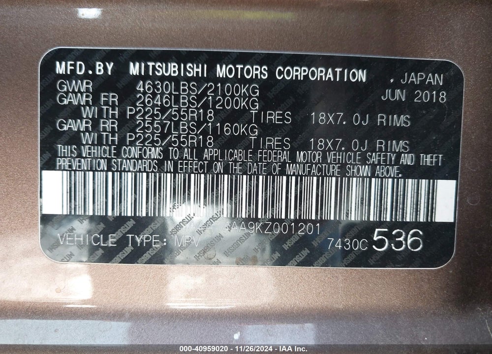 2019 MITSUBISHI ECLIPSE CROSS LE VIN: JA4AT4AA9KZ001201