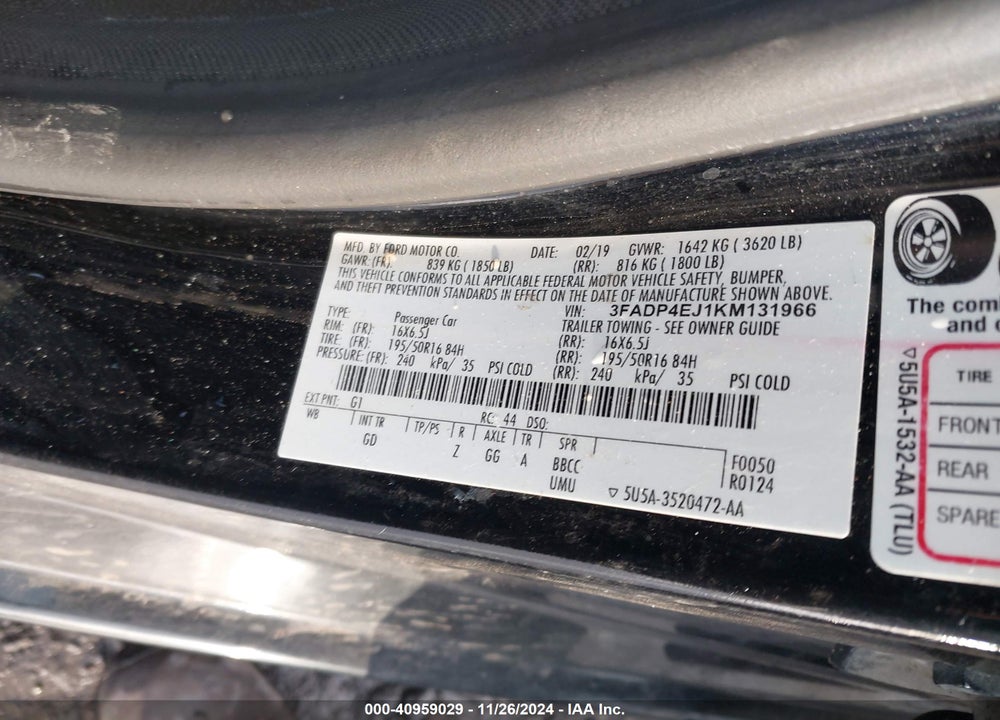 2019 FORD FIESTA SE VIN: 3FADP4EJ1KM131966