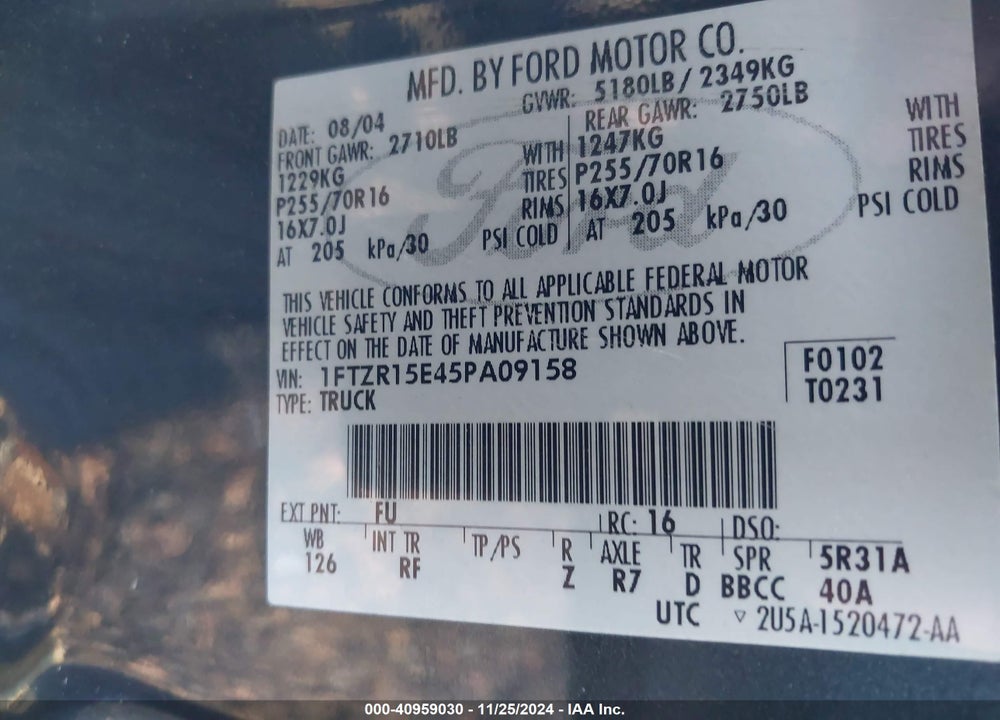 2005 FORD RANGER EDGE/XL/XLT VIN: 1FTZR15E45PA09158