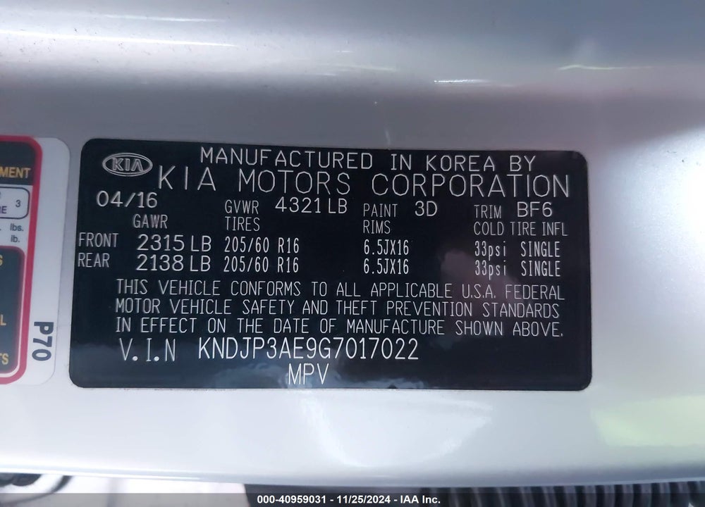 2016 KIA SOUL EV VIN: KNDJP3AE9G7017022