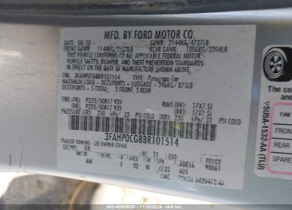 2011 FORD FUSION SEL VIN: 3FAHP0CG8BR101514
