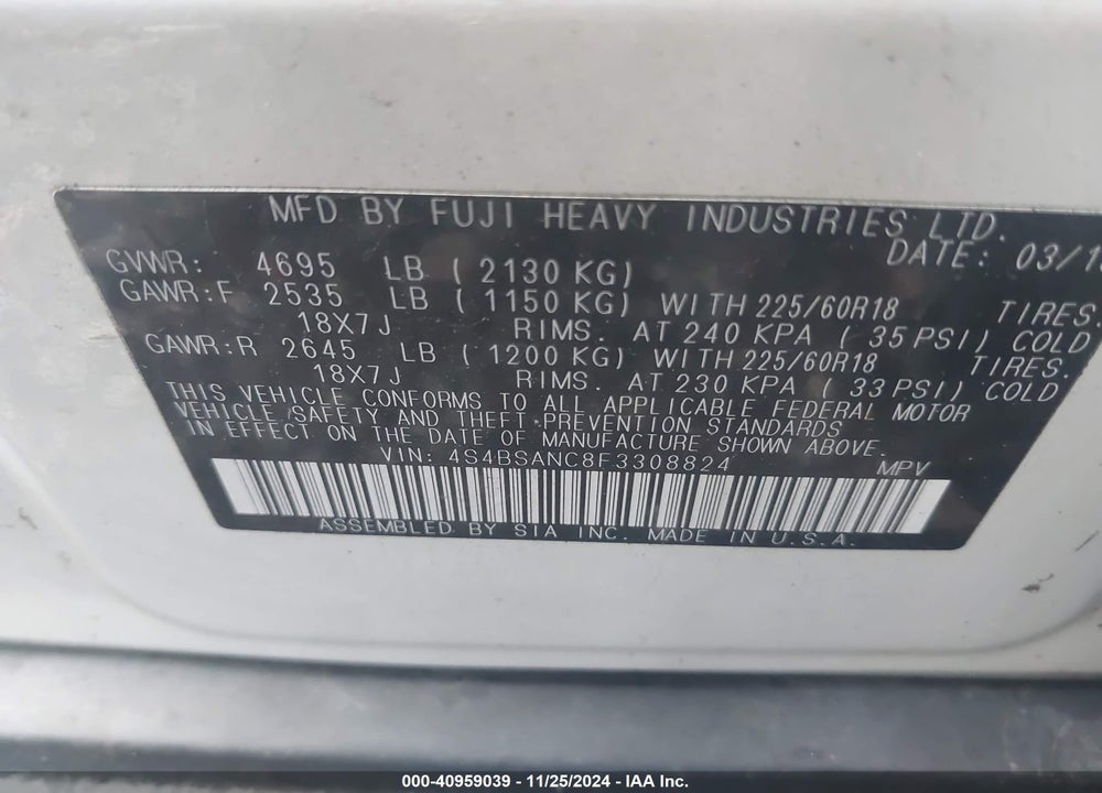 2015 SUBARU OUTBACK 2.5I LIMITED VIN: 4S4BSANC8F3308824