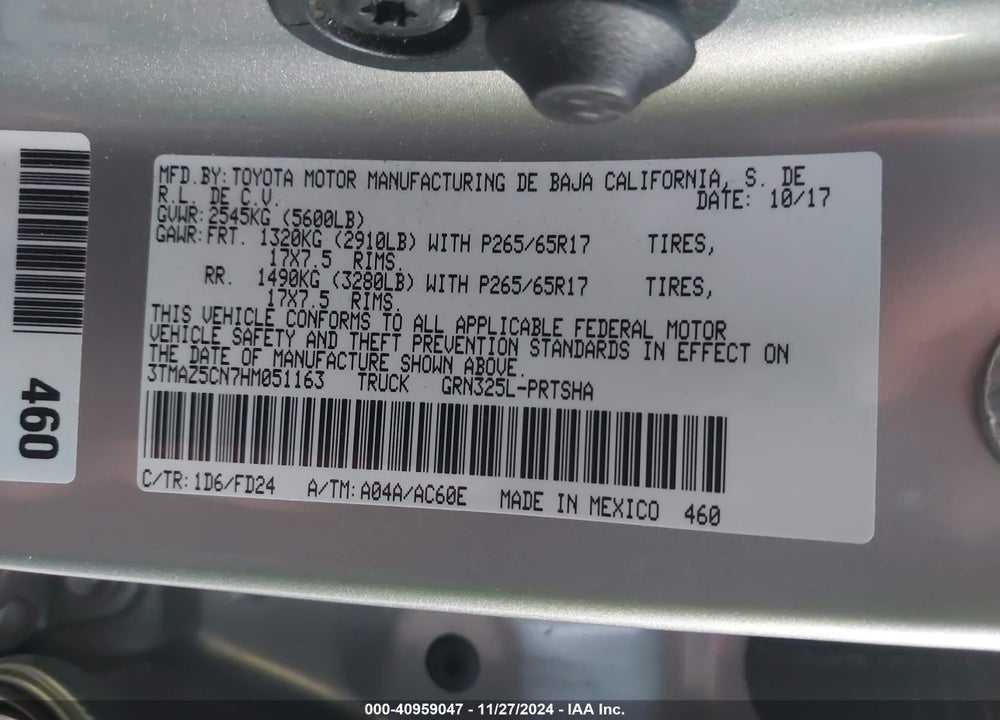 2017 TOYOTA TACOMA TRD SPORT VIN: 3TMAZ5CN7HM051163