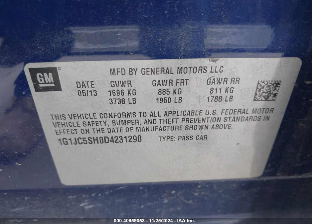 2013 CHEVROLET SONIC LT AUTO VIN: 1G1JC5SH0D4231290