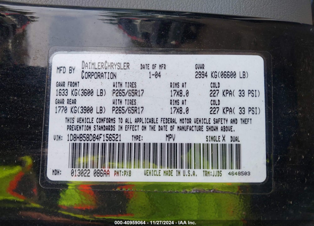 2004 DODGE DURANGO LIMITED VIN: 1D8HB58D84F156521