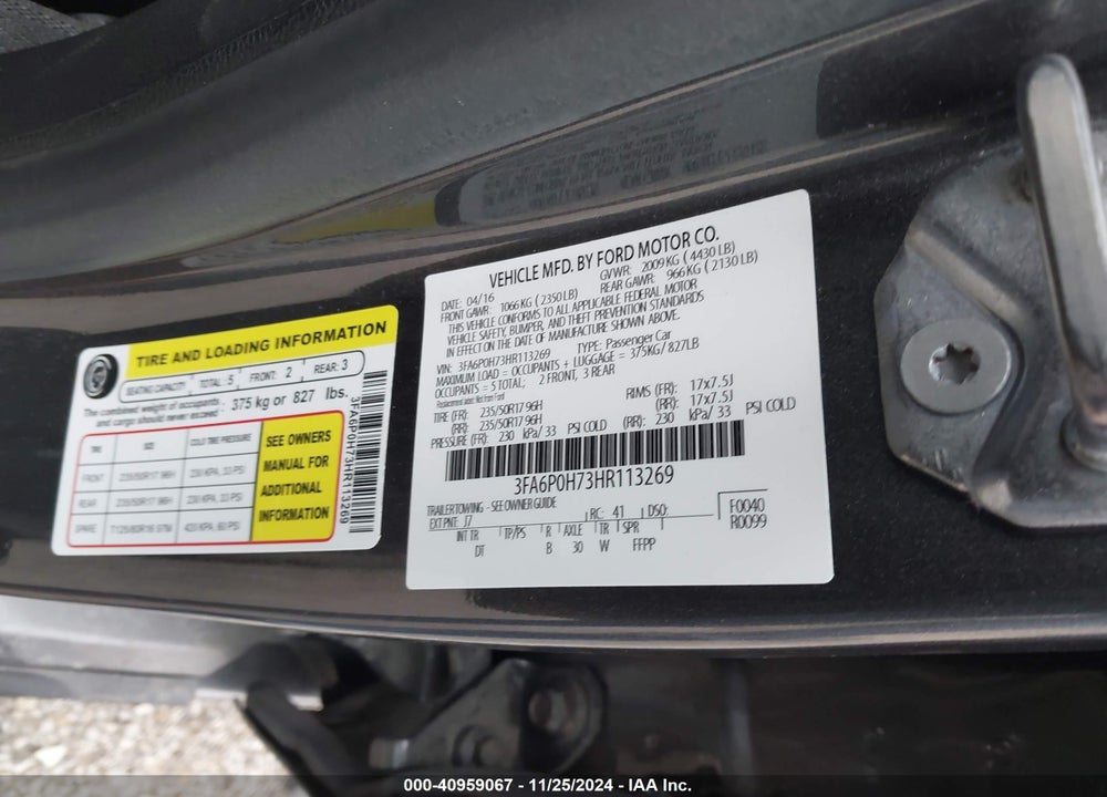 2017 FORD FUSION SE VIN: 3FA6P0H73HR113269