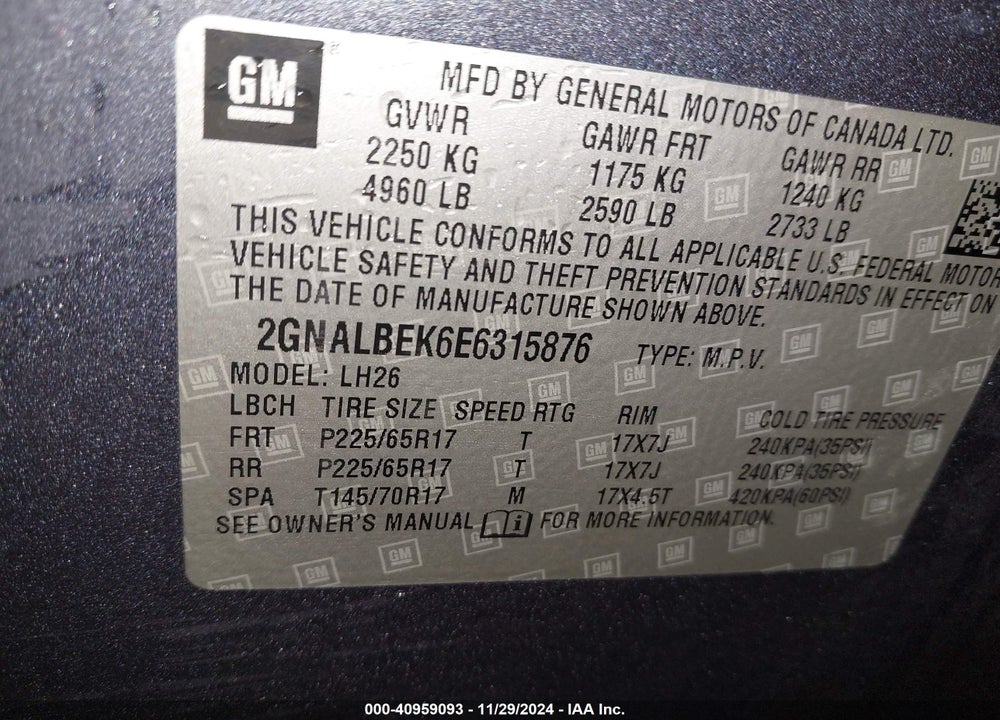 2014 CHEVROLET EQUINOX 1LT VIN: 2GNALBEK6E6315876