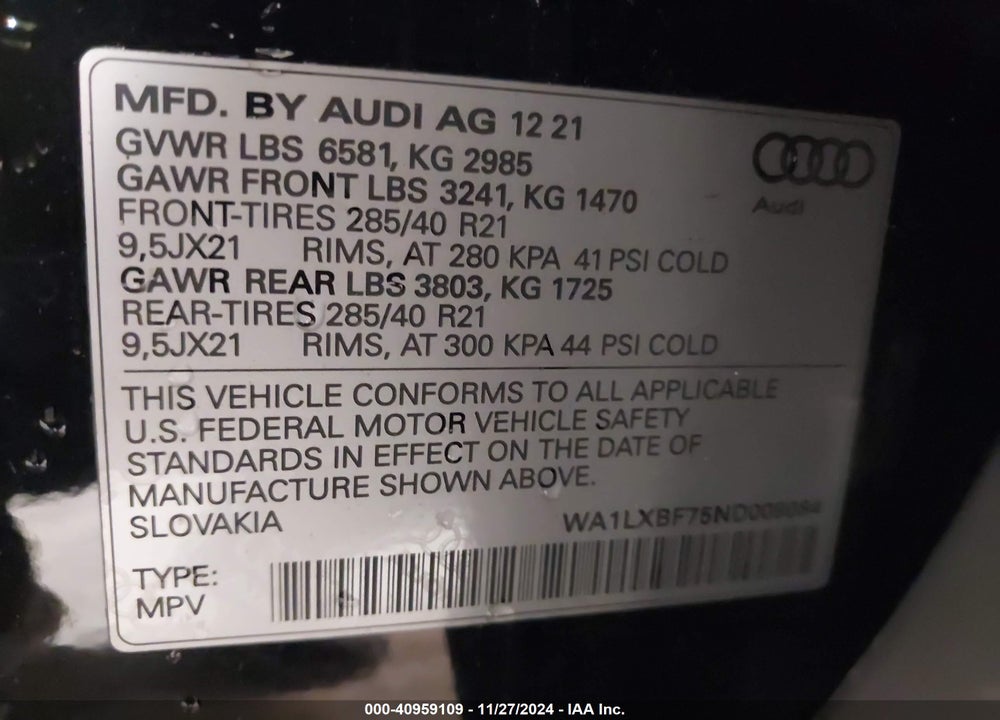 2022 AUDI Q7 PREMIUM PLUS 55 TFSI QUATTRO TIPTRONIC VIN: WA1LXBF75ND009084