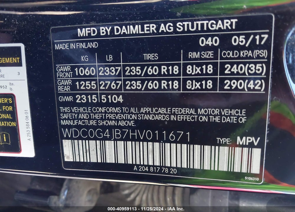 2017 MERCEDES-BENZ GLC 300 VIN: WDC0G4JB7HV011671