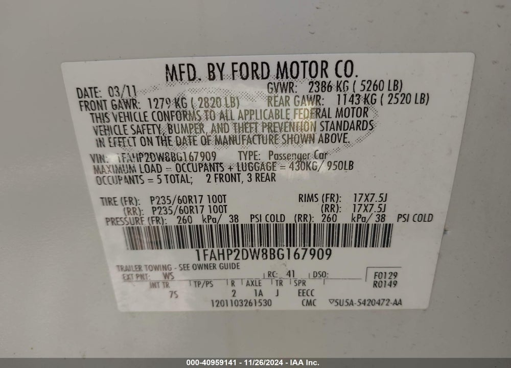2011 FORD TAURUS SE VIN: 1FAHP2DW8BG167909