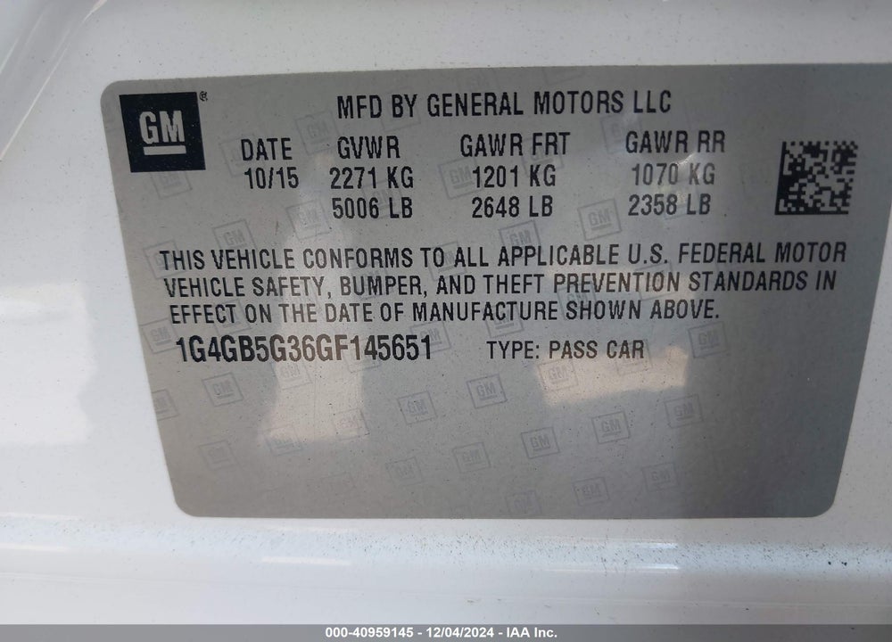 2016 BUICK LACROSSE LEATHER VIN: 1G4GB5G36GF145651
