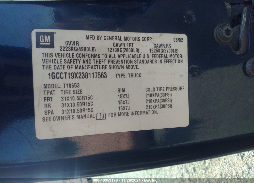 2003 CHEVROLET S-10 LS VIN: 1GCCT19X238117563