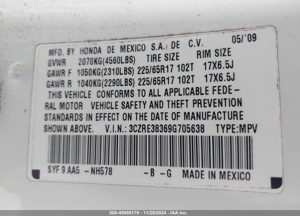2009 HONDA CR-V LX VIN: 3CZRE38369G705638