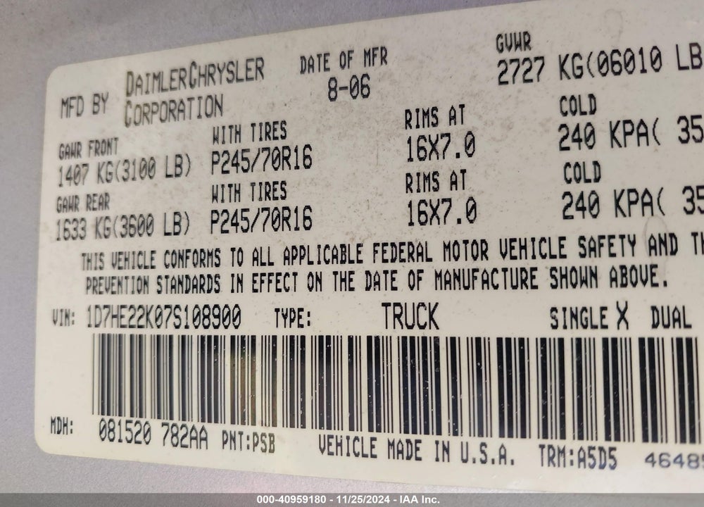 2007 DODGE DAKOTA ST VIN: 1D7HE22K07S108900