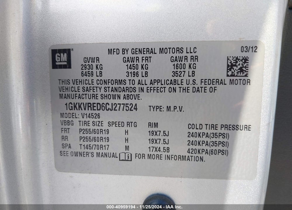2012 GMC ACADIA SLT-1 VIN: 1GKKVRED6CJ277524