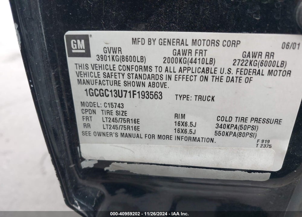 2001 CHEVROLET SILVERADO 1500HD LS VIN: 1GCGC13U71F193563