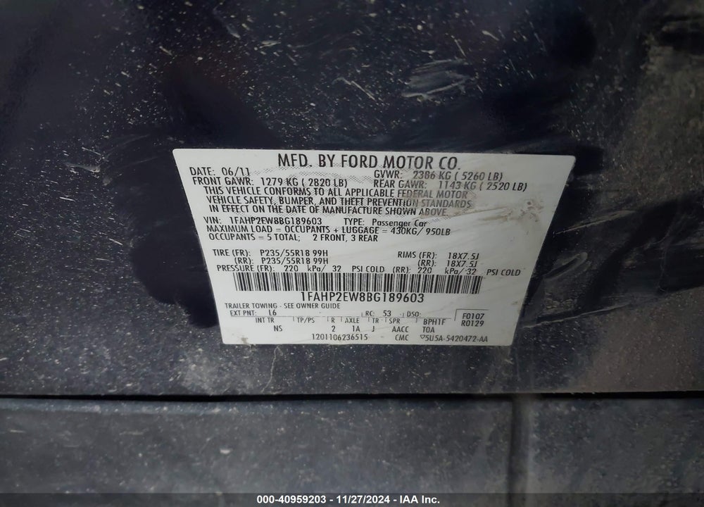 2011 FORD TAURUS SEL VIN: 1FAHP2EW8BG189603