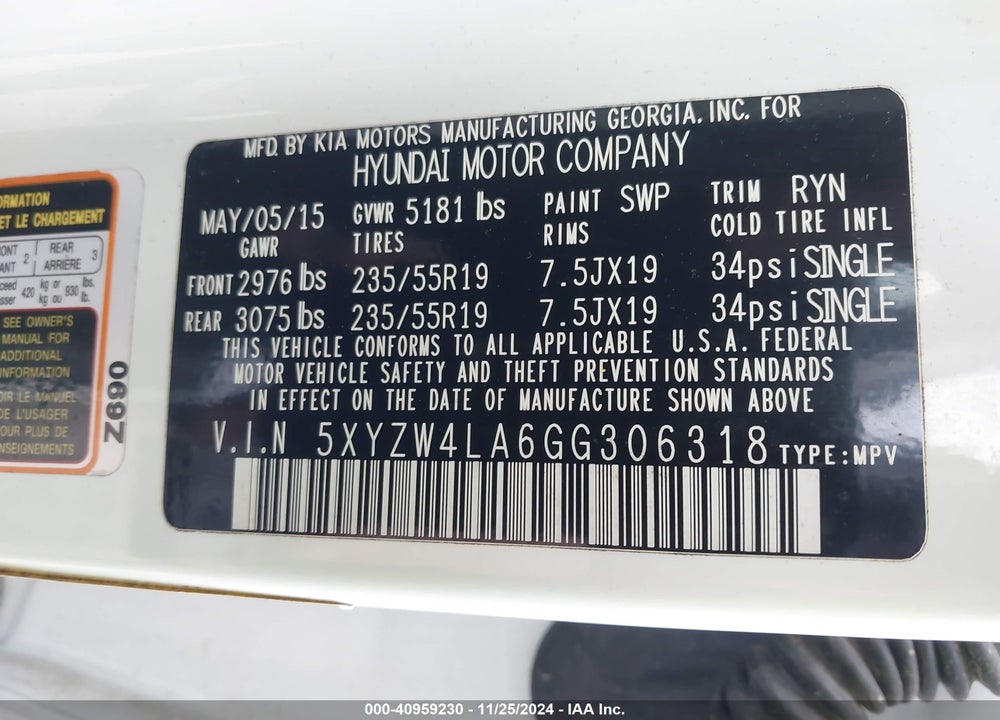 2016 HYUNDAI SANTA FE SPORT 2.0L TURBO VIN: 5XYZW4LA6GG306318